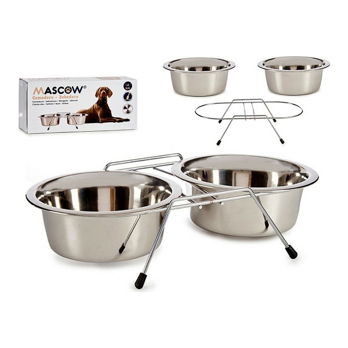 Comedero para Mascotas Mascow Plateado Acero Inoxidable 2,6 L 24,5 x 11 x 52,5 cm 54 x 27,5 x 12 cm 25 x 7,5 x 50 cm Doble